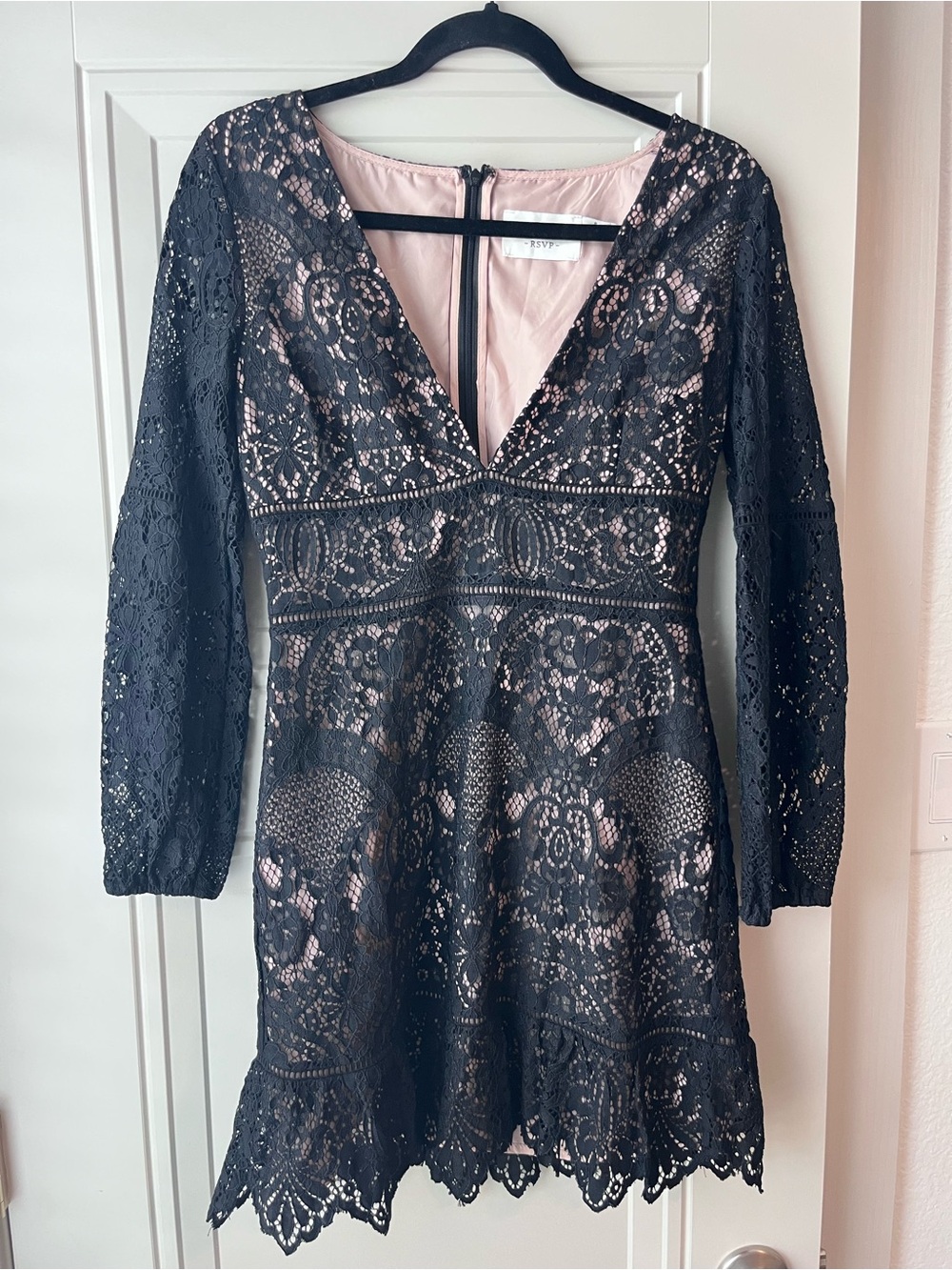 BB Dakota Black Lace Long Sleeve Dress with Blush Lining
